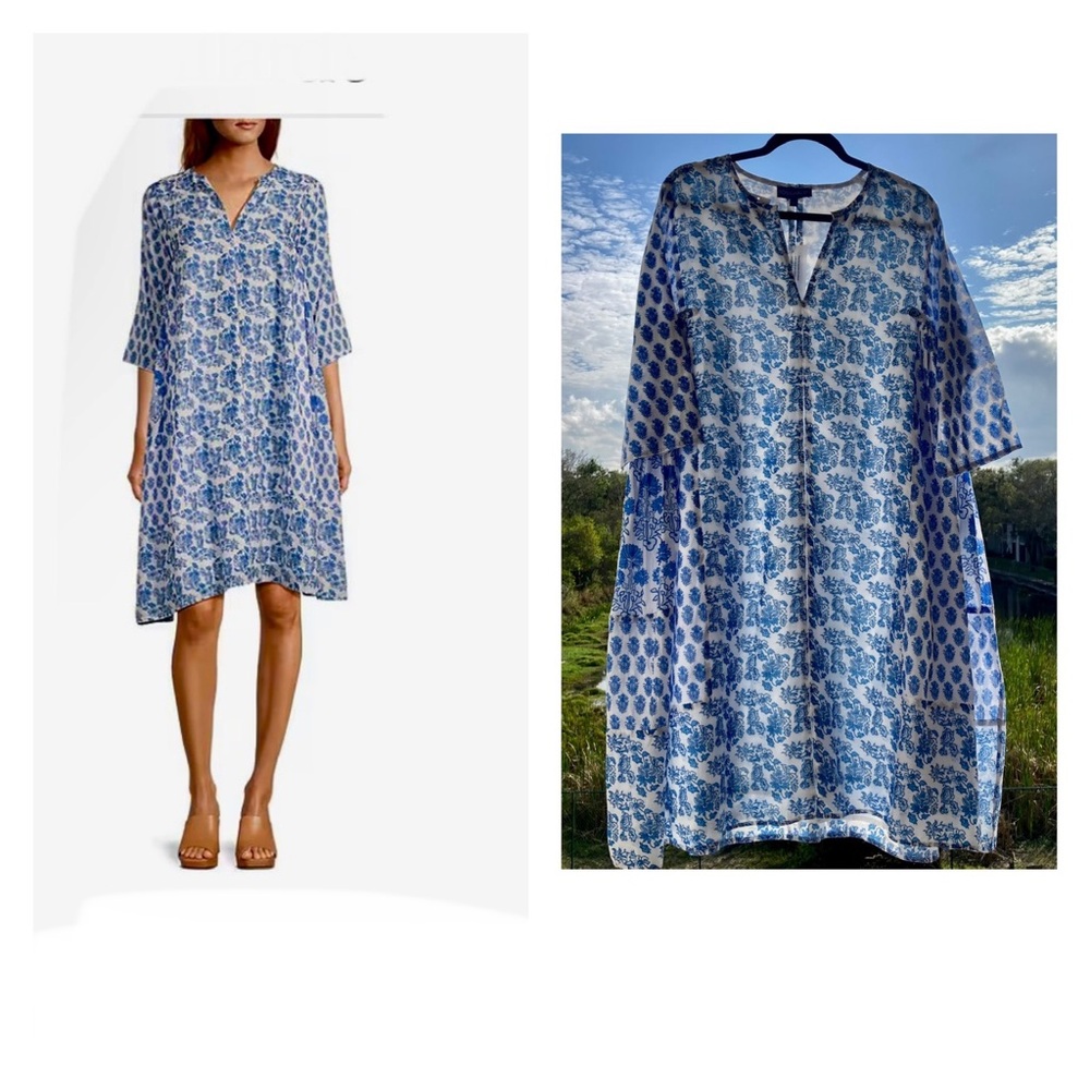 Ro's Garden Bhopali Floral Print Split V-Neck 3/4 Sleeve Caftan Dress SzM-L NWT
